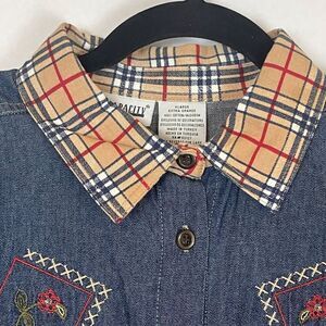 Vintage Embroidered Shirt Denim Blue Plaid Collar Button Front Long Sleeve XL